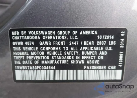 2015 Volkswagen Passat 2.0L Tdi Se z USA, uszkodzony, nr VIN 1VWBV7A33FC034644